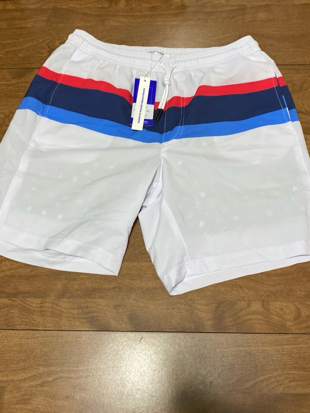 Men's White Swim Trunks with Red, Navy and Royal Blue Stripes